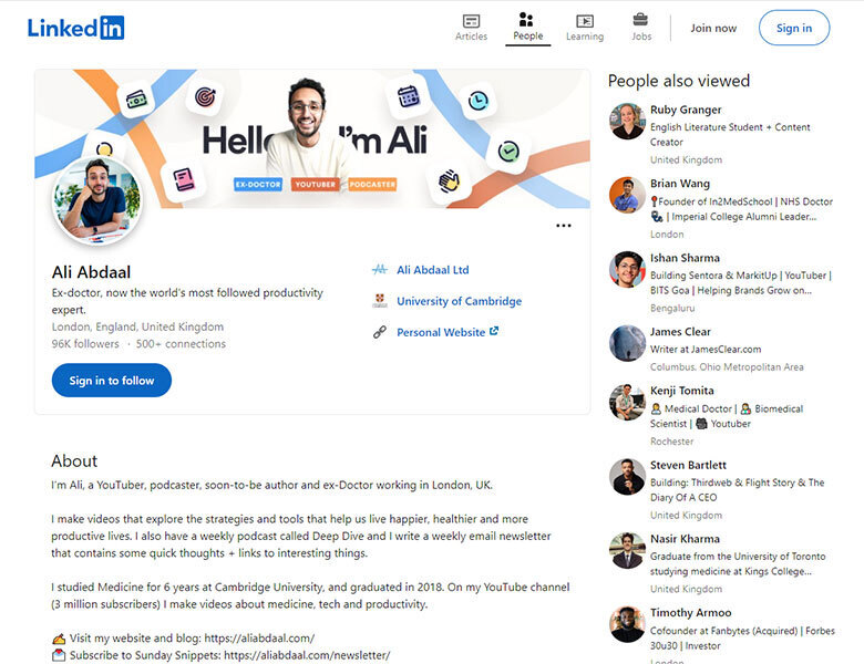 Ali Abdaal Linkedin Profile