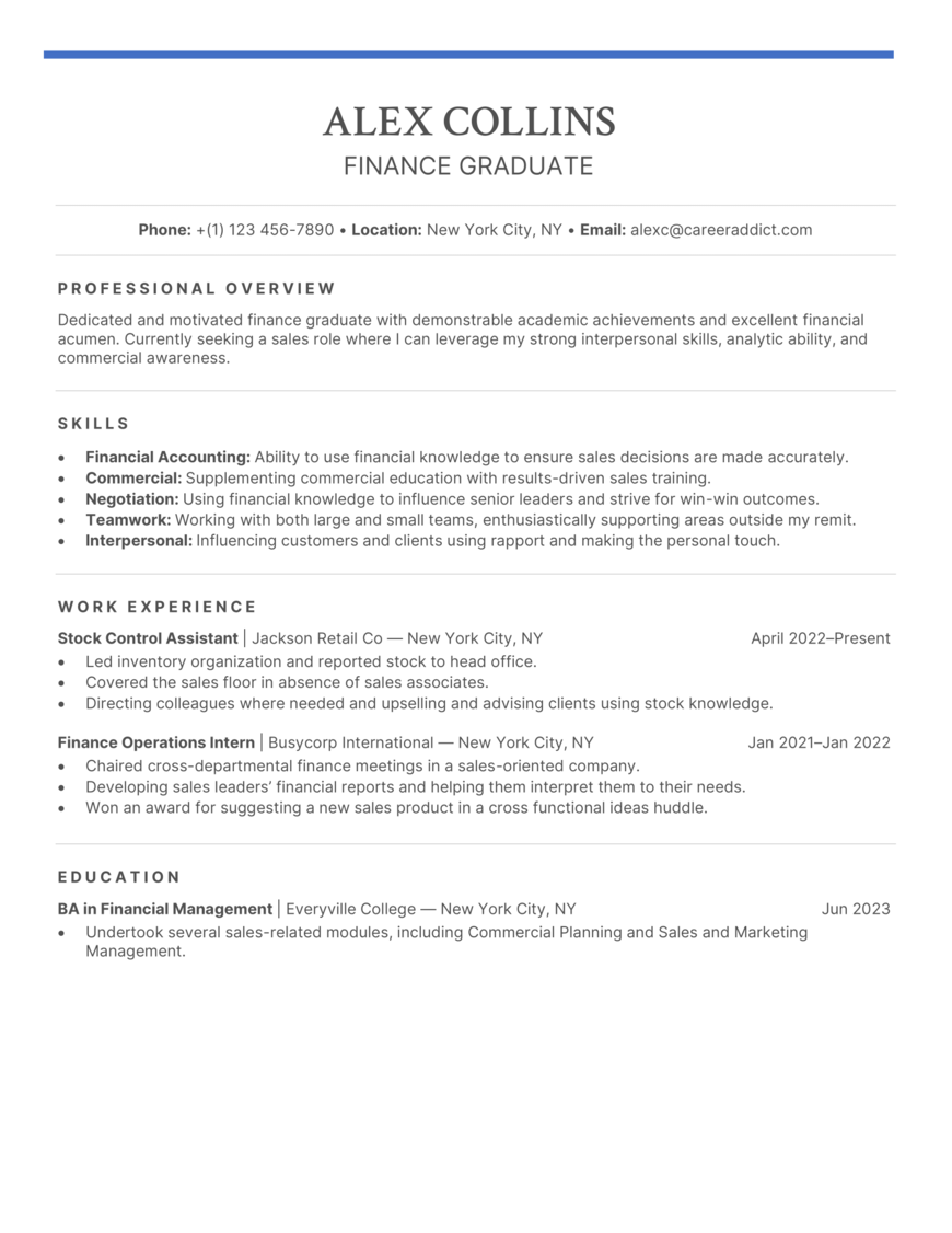 Finance Graduate Resume Example