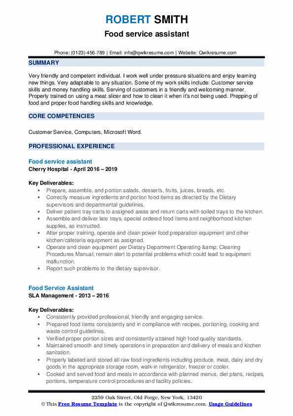 Food service assistant résumé example
