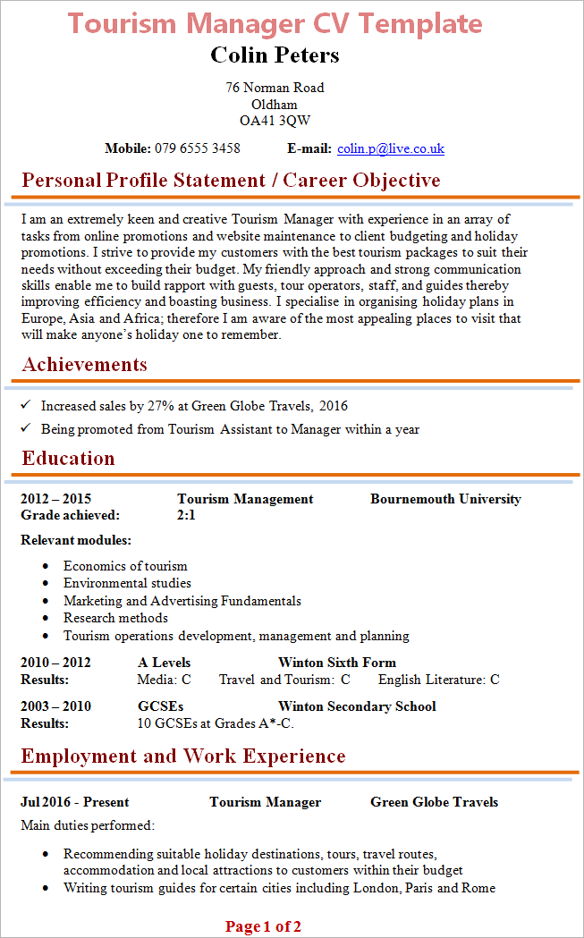 Tourism manager résumé template