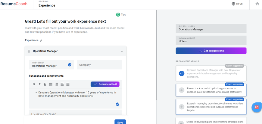 resumecoach experience section