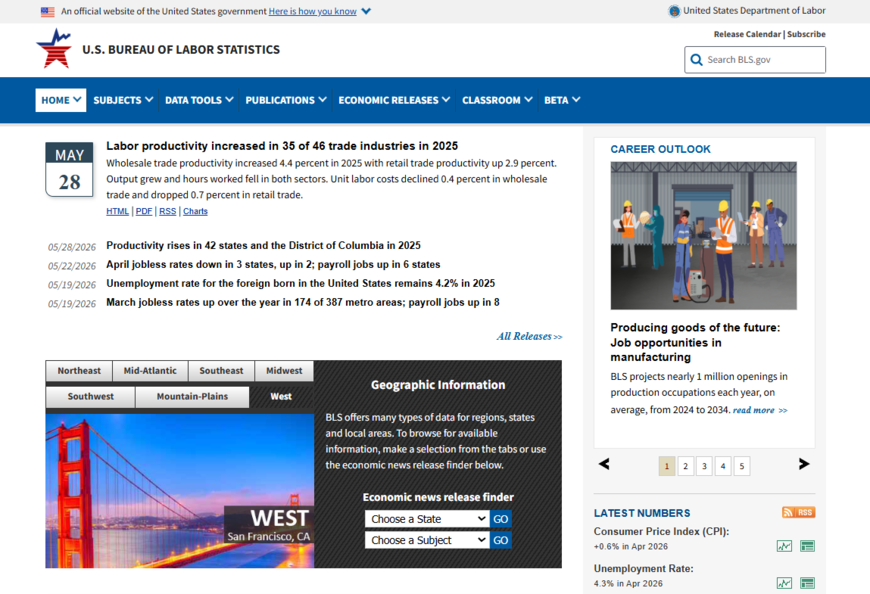 US BLS homepage
